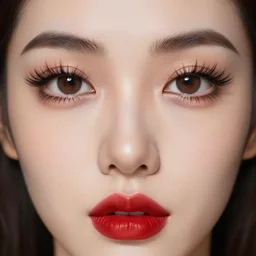 a woman with big eyelashes and red lipstick, realistic, 8 k, extremely detailed, cgi, trending on artstation, hyper - realistic render, by greg rutkowski
