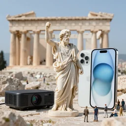 figurine of socrates standing in the acropolis next to a projector and revealing the latest iphone features to the citizens of greece, personification, dynamic pose, detailed product photo, featured on amiami, 8 k, 8 5 mm, f. 1 4, beautiful composition,