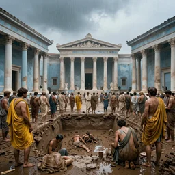 pov in a crowd of people with toga in ancient neoclassical buildings, light blue troglodyte temples with yellow drapery in a deep flesh pit by piranesi, cinestill 8 0 0 t 3 5 mm, high quality, mud, rain, fog, by night, ultra wide lens, anamorphic, dramatic light
