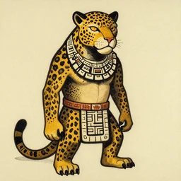 illustration of mayan jaguar warrior, resolved, showing conviction or humor by a gloomy silence or reserve, by studio multi and victo ngai, malika favre, william s burroughs, cut up film