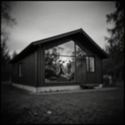 modern house in the wood, artwork by ivan shishkin, mystic, night, pinhole analogue photo quality, lomography, monochrome, blur, unfocus, cinematic, 3 5 mm