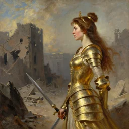 ultradetailed princess of mars looking at the cost of war, seen from the side, destroyed city, high noon, smoke sky, detailed skimpy gold armor, sword, portrait, oil painting, by leyendecker,