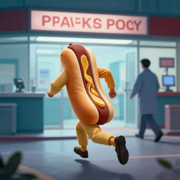 a man dressed in a hot dog costume running away from a pharmaceutical company, illustration, cinematic lighting, establishing shot
