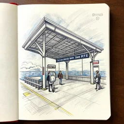 dream journal art brut drawing of a fever dream about a sea terminal, found doodled in a sketchbook