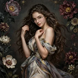 portrait of a young attractive nerdy woman in flowing sensual dress, arrogant, long fine flowing hair, delicate, looking at camera, slightly awkward smile, realistic face, realistic hands, stylish, elegant, grimdark fantasy, flowers, extremely detailed painting inspired by Gerald Brom and Ernst Haeckel and Sandro Botticelli , studio lighting