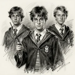 charcoal sketch of young charlie day, wearing hogwarts uniform, holding wand, casey baugh, louis smith, jeff haines