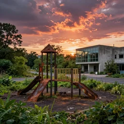 abandoned playground, empty streetscapes, surrounded by lush green vegetation, ground-level view, stunning volumetric lighting, sunset, rusted steel, solid concrete, glass, stunning skies, trending on Artstation, 8k, photorealistic, hyper detailed, unreal engine 5, IMAX quality, cinematic, epic lighting, in the style of DOOM and Quake and Greg Rutkowski and Le Corbusier