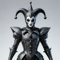front shot of a court jester character ominous intricate polished fractal hyper cubes polished platinum cracked glass dark future polished metallic holography crystal shard lit edges poly extraordinary detailed robotic concept artstation sharp focus ray tracing cinematic masterpiece fine portrait