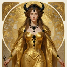 Portrait of a Holy Necromancer, female, beautiful, golden robes, exquisite black accessories, golden corset, highly detailed, smooth, digital painting, illustration, fantasy, by Krenz Cushart and Artem Demura and alphonse mucha