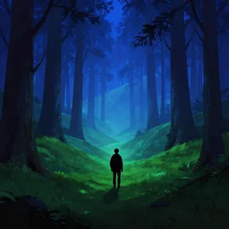silhouette of an explorer in a hilly green blue fantasy redwood forest glowing at dusk. perspective landscape fantasy. high contrast, strong shadows. deep colorful soft gradients, rich blue tones. by norman rockwell, johfra bosschart, and eyvind earle. artstation