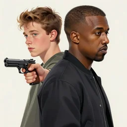 a detailed profile illustration of kanye west pointing a gun to pete davidson, bounty hunter portrait symmetrica, aurora lighting clouds and stars by beksinski carl spitzweg and tuomas korpi. intricate artwork by caravaggio. Trending on artstation. 8k