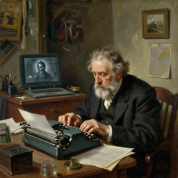 a disheveled old disbarred lawyer boarded up in his messy house, isolated alone on a typewriter typing out paranoid rants about a gangster computer god, detailed artstation marc simonetti andrei riabovitchev rembrandt oil on canvas shimmer