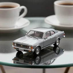 a macro photo of a small miniature of a chevrolet opala on a glass table near a cup of coffee, hyperrealistic, concept art, octane render, unreal engine 5, trending on artstation, high quality, highly detailed, symmetrical, low contrast, high coherence, path traced, beautiful, product photo, soft lighting