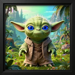 well framed photo of yoda with cobalt blue eyes in a lush jurassic landscape, 4 k, hyper realistic, coherent design, symmetrical, vivid colour, trending on art station, in the style of pi - slices, complementary colour, golden ratio, detailed, sharp lines, intricate, rainbow shift, in unreal 3 d engine, ray tracing, octane render