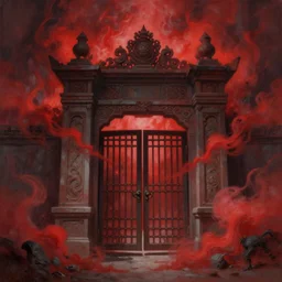 a painting of a gate surrounded by red smoke, a detailed matte painting by li shida, pixiv contest winner, fantasy art, matte painting, matte drawing, hellish background
