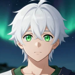 white haired young guy with wide green eyes on the moon, aurora, small nose, stunning anime, full face portrait, high symmetry, close look, octane engine, makoto shinkai, genshin impact, hyper detailed, close shot, light blur