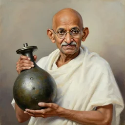 Portrait Oil painting of Ghandi holds nuclear-war-head