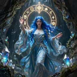 blue haired female god casting a spell using sigils and floating runes, flowing robes, in a cave with glowing crystals on the walls, electric vines flowing from hands, fantasy, cinematic composition, dramatic lighting, detailed painting, 8 k,