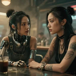 cinestill 5 0 d photographic portrait of two female androids wearing streetwear talk at a bar in cyberpunk china, extreme closeup, modern cyberpunk, dust storm, 8 k, hd, high resolution, 3 5 mm, f / 3 2, ultra realistic faces, intricate detail, ex machina