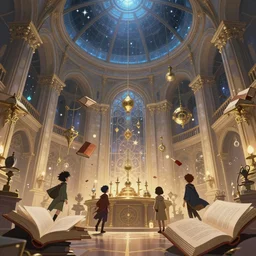 modern magical wizard laboratory with flying books and with giant walls and glass ceilings showing the stars and hanging artifacts, light dust, magnificent, close up, details, sharp focus, elegant, highly detailed, illustration, by Jordan Grimmer and greg rutkowski and PiNe(パイネ) and 薯子Imoko and 香川悠作 and wlop and maya takamura, intricate, beautiful, Trending artstation, pixiv, digital Art