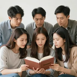 two women and three men looking at a book