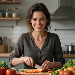 an insanely detailed portrait of a smiling beautiful woman facing you, highly detailed features, cutting vegetables, kitchen in background, in the style of peter mohrbacher, artgerm, dramatic lighting and composition, octane render, trending on artstation, concept art 8 k