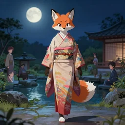 full body portrait of a female anthropomorphic melanated fox fursona wearing an ornate kimono in a zen garden at night in the moon. character design by disney, charlie bowater, ross tran, artgerm, and makoto shinkai, detailed, soft lighting, rendered in octane
