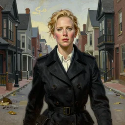 front view of charlize theron as investigiator walking down street in arkham town, female, detailed face, gorgeous, amazing, new england architecture, 1920 style, intricate, highly detailed, famine, lovecraft illustration, painting by Gaston Bussiere, Craig Mullins