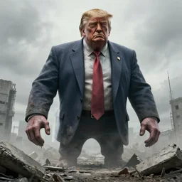 giant donald trump monster in post - apocalyptic concrete wasteland, creepy, hyper - realistic, detailed