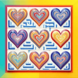 vibrant cgi hearts. maze pattern. fractalized ceramic tile. square solid color border.