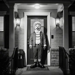 black and white door camera photo of ronald mcdonald on the front porch in the middle of the night