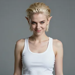 realistic photograph. cute but dangerous female halfling thief. crooked, cocky smirk. slicked gelled back short butch hairstyle. paleblonde hair, fair complexion, icy blue eyes. face like amber heard, angular, feminine, pretty, mischievous. young ectomorphic fit. practical fitted white tanktop. photogrphic realism.