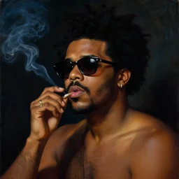 the weeknd wearing sunglasses and smoking at night by giuseppe arcimboldo, brown skin, classical painting, digital painting, romantic, vivid color