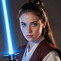 head and shoulders portrait of a female knight, jedi, robes, blue lightsaber, young ashley judd, star wars, by artgerm, face detail, extremely detailed, digital illustration