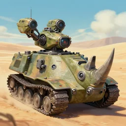 colored and textured 3 d model of a rhino shaped battle veichle designed by the military. futuristic stramline design. brutally armed and armored. by alonso mecha. shapes influenced by warhammer 4 0 k. biomechanical siege rhino conceptart by clogtwo artgerm and ghibli studios. old retrofuturiatic scifi anime style. blurry windy desert background. by greg rutkowski