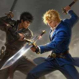 a blonde man in a blue suit swinging a sword at an asian man with a sword, d & d, heartstone, digital painting, volumetric light, intricate, sharp, focus, bloom, illustration, highly detailed, concept art, matte, ruan jia, randy vargas, greg rutkowski