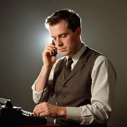 a long shot, color studio photographic portrait of a telegraph operator, dramatic backlighting, 1 9 9 3 photo from life magazine,