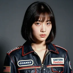 ektachrome, 3 5 mm, highly detailed : incredibly realistic, youthful asian demure, perfect features, feminine cut, beautiful three point perspective extreme closeup 3 / 4 portrait photo in chiaroscuro style 1 9 7 0 s frontiers in flight leather suit made of sewn together motor racing logos cosplay fashion, nick night