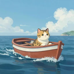a painting of a cat in a life-boat in the middle of the ocean. artstation. digital art.