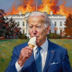oil painting of joe biden eating an ice cream with the whitehouse on fire behind him beautiful artwork by rutowski, realistic, 4 k, masterpiece