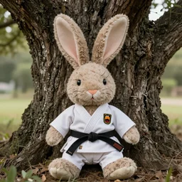 a plush rabbit hand stitched with love and years of wear and tear now sat alone in thought wearing an old hand sewn karate uniform underneath a great old oak tree with big soft rabbit ears, photography, photorealistic, national geographic, sesame street
