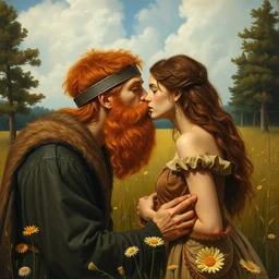red bearded viking kissing beautiful brunette female in a field gustav klimt painting,