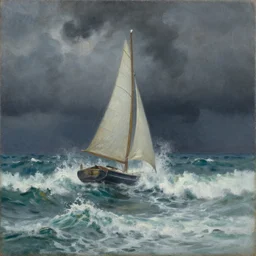 a painting depicts waves crashing against a sailboat on rough seas below dark and stormy clouds, montague dawson