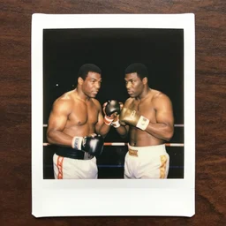 photograph of Mike Tyson fighting Mohammed Ali in the biggest boxing match of all time heavy weight championship fight, taken on polaroid instant film