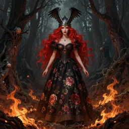 full body shot, witch with 4 eyes, red hair, crow helmet, floral dress, dead forest, fantasy, intricate, photorealistic, elegant, stylish, highly detailed, digital painting, artstation, concept art, smooth, sharp focus, illustration, art by artgerm and greg rutkowski and terese nielsen, fire scheme