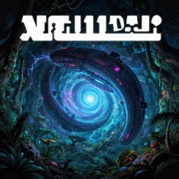 dark sci - fi, evil neon vortex spaceship, electric jungle, in the style of an asimov book cover,