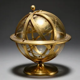 a dramatically lit photo of an ancient, powerful brass and gold artifact round ball spherical astrolabe liahona artifact sitting on a wooden table. the intricate, metal lace, concentric metal balls contain large openings allowing you to see within