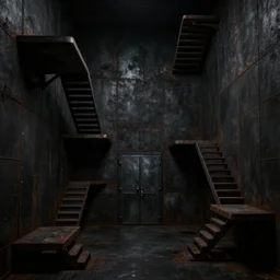 huge, very dark room, with bare and rusty metallic walls, metal door, pitch black, platforms with staircases everywhere, lots of stairs going into the void, digital art, concept art, high detail, eerie, volumetric, style of jordan grimmer