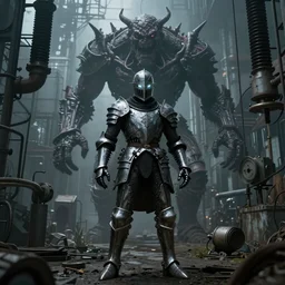 Biomechanical Arthurian Knight in an abandoned electrical plant with a monster standing behind them, Elden Ring, Dark Souls, rubber undersuit, moody colors, 4k, glowing eyes in helmet, industrial environment, horror movie cinematography, electrical plant location, ultra realistic