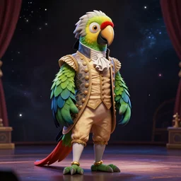 Alexander Hamilton style ,full body, of a parrot wearing a beautiful  Costume on stage, on a dark nebula background” digital Art, concept Art, highly detailed, 3-D 4K, trending on art station, Award winning, Mark Brooks, -768